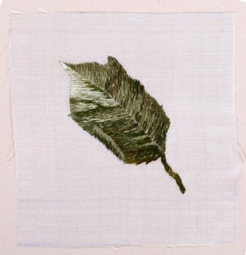На белом шёлке квадратной формы в центре вышит листок разными оттенками зелёного и коричневым цветами. Образец приклеен к картонному листу.