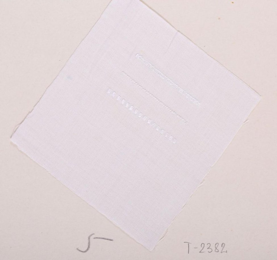 На белом батисте квадратной формы дан образец швов "песочный", "узелки" и "насыпь" (справа налево) шитых белым шёлком. Образец приклеен к картонному листу.
