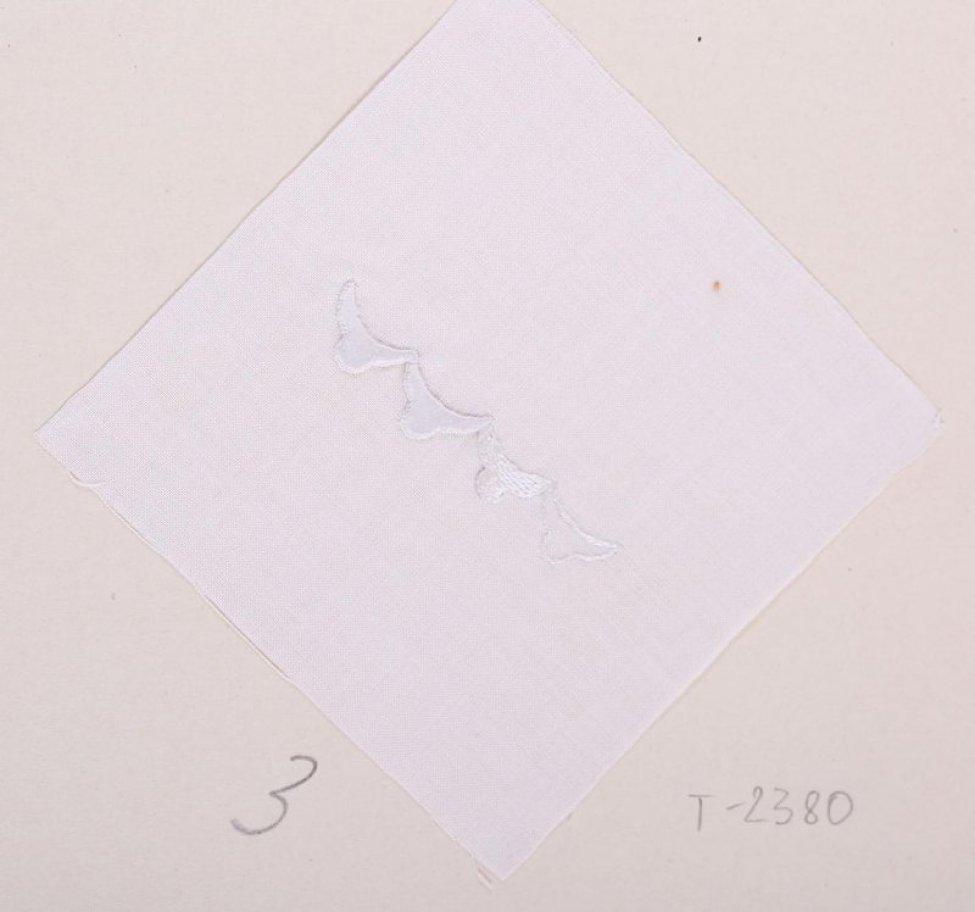 На белом батисте квадратной формы в центре дан образец последовательности выполнения шитья гладью. Образец в виде четырех фестонов с полуовалом на конце. Образец приклеен к картонному листу.