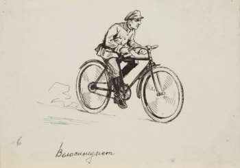 Изображен в профиль мужчина, едущий на велосипеде.