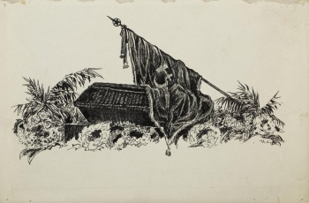 Справа изображено знамя склоненное над гробом и частично закрывающее его. Вокруг гроба лежат венки из цветов и листьев.