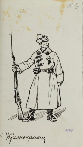 Изображен красноармеец  в шинели и шлеме с винтовкой в правой руке. На груди - орден. Голова в повороте вправо.