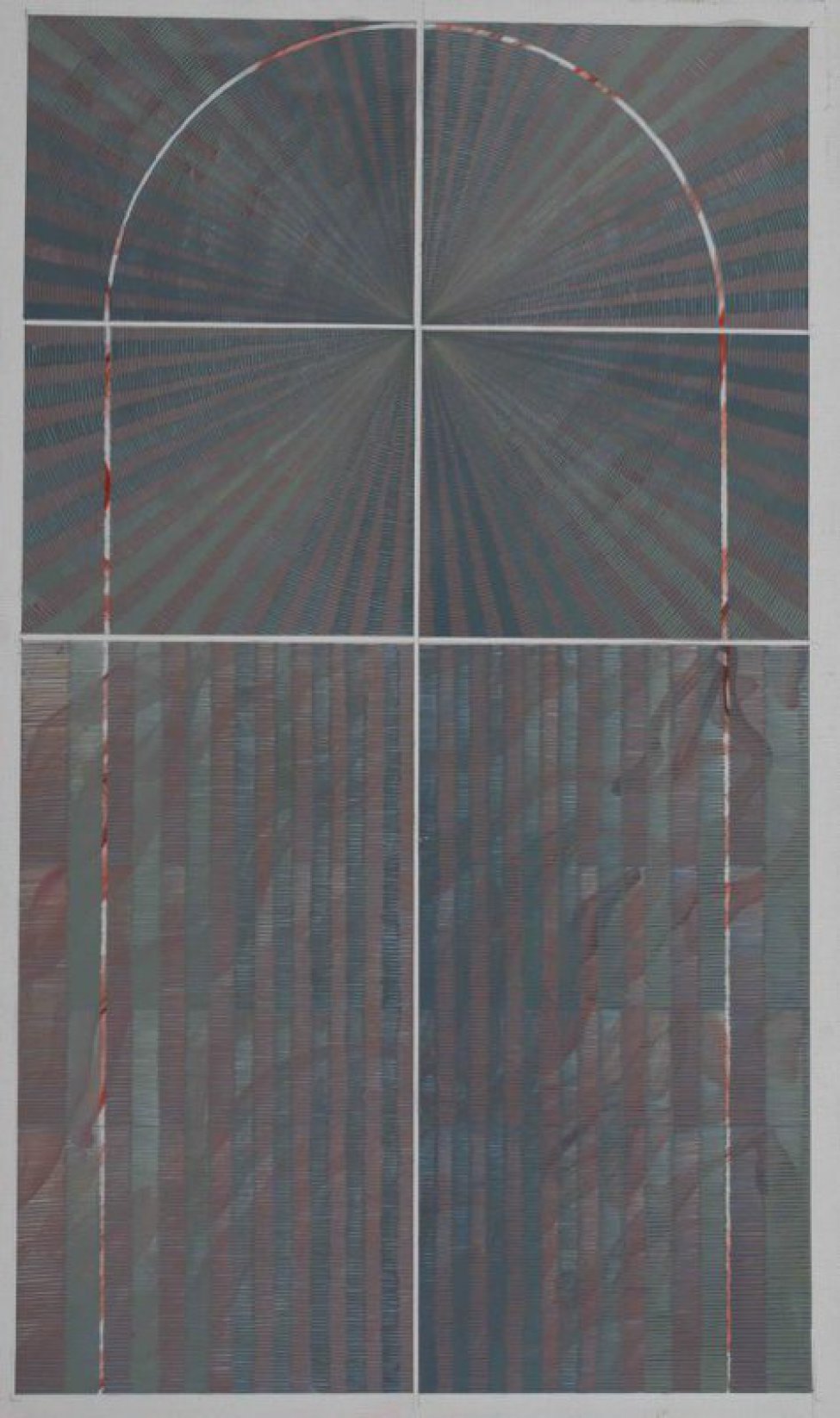 Композиция выполнена в голубовато-серой гамме, поделена на 6 «частей», объединенных светлой аркообразной "рамой". В верхней половине композиции из центральной точки расходятся лучи.