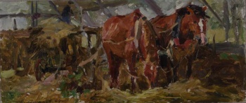 Изображены две лошади, за ними телега с сеном, на которой изображена мужская фигура.
