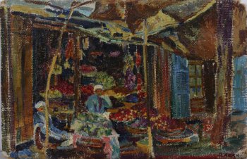 Мелкое изображение двух продавцов в чалмах в окружении корзин с фруктами на фоне деревянной постройки.