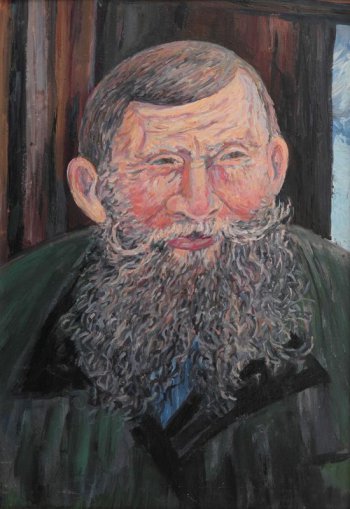 Дано погрудное изображение розовощекого пожилого мужчины с длинными усами, с пышной кудрявой бородой.