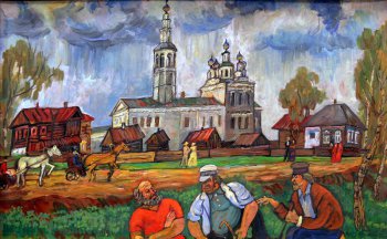 В центре картины белокаменный собор с колокольней, улица с деревянными домами, упряжки лошадей. На первом плане поясное изображение трех разговаривающих мужчин.