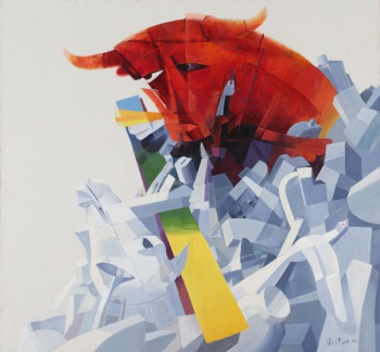На белом фоне геометрическая композиция, выделяющая красную голову быка над поверженными лошадиной головой, горном, голубем.