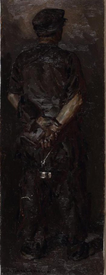 Изображен шахтер, стоящий спиной к зрителю, в фуражке и рубахе с драными рукавами. В руках, заложенных за спину, он держит лампу, ноги широко расставлены. Фигура, фон серовато-коричневого цвета.
