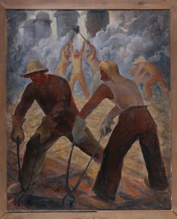 На первом плане изображены двое рабочих, берущие щипцами кусок чугуна, и несколько рабочих за ними, на фоне дыма и кауперов. Цвет лица и рук у рабочих одинаковый - коричневый.