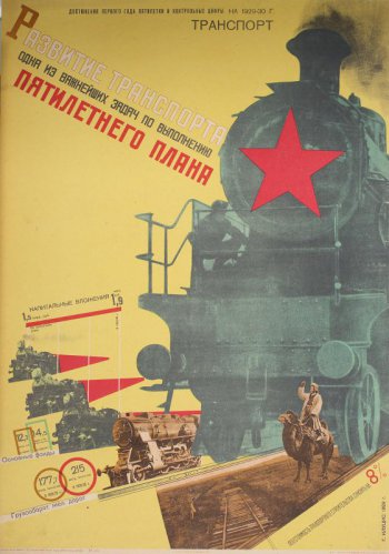 Справа изображен паровоз с красной звездой. Слева цифры и графические схемы за период с 1928-1930г. Внизу строительство путей в одной из окраинных Республик Союза.