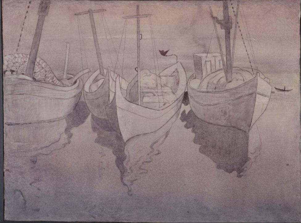 Дано крупное изображение четырех лодок, направленных носовой частью на зрителя. Справа вдали - управляемая пассажиром лодка.