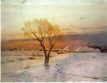 Изображено обширное снежное поле с развесистым деревом в центре; справа и вглубь картины расположено несколько деревенских домиков. Розовый свет восходящего холодного зимнего солнца освещает всю картину.