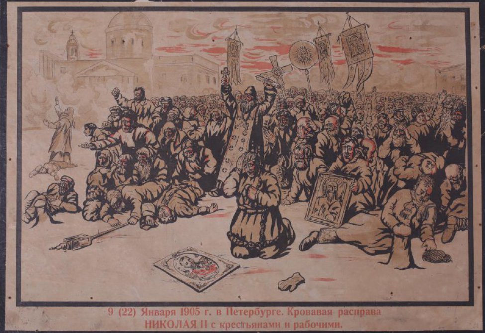 Изображена толпа рабочих, направляющаяся к Зимнему Дворцу 9 января 1905г. Впереди Гапон с крестом в руках, рабочие несут харугви и царские портреты. На земле, впереди толпы убитые и раненые.