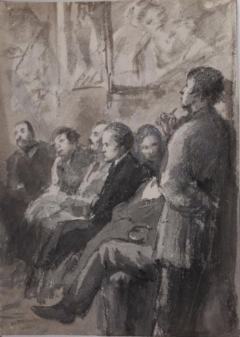 в интерьере комнаты с картинами на стене изображена группа сидящих мужчин и женщин; справа на первом плане изображен со спины, в повороте вправо стоящий мужчина, рука за спиной.