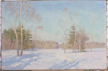 Изображен зимний пейзаж в ясный день. Справа оголенные лиственные деревья, слева ели. От деревьев на снег падают тени. Небо голубое.