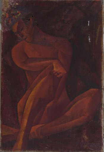 Изображена обнаженная мужская сидящая фигура на красновато-коричневом фоне, с головой, наклоненной влево и вниз, с согнутыми в коленях ногами. Цвет тела светло-коричневый.