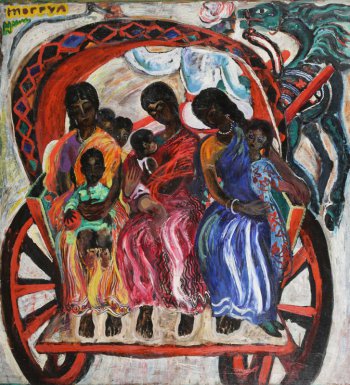 Изображена крытая красная повозка и запряженная в нее лошадь зеленого цвета. В повозке сидят три молодые женщины в сари с детьми.