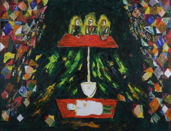 В центре, среди раздвинутых лоскутчатых кулис, дано изображение судейской тройки за красным столом, от которого идет лопата к могиле с лежащим человеком.