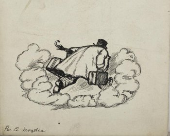Изображен толстый мужчина в шляпе и в пальто, бегущий крупным шагом вглубь вправо. В руках у него багаж, в правой руке - чемодан, в левой - саквояж, под мышкой зонт. Вокруг бегущего изображены облака.
