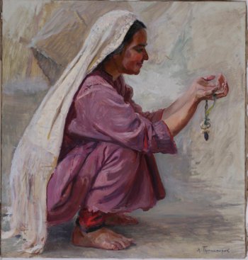 Изображена сидящая на корточках в профиль молодая женщина, в руках держит соску-пустышку.