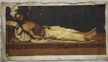Изображено на коричневом фоне, завернутое в светло-желтую пелену, тело Христа с закрытыми глазами и вытянутыми вдоль тела руками.