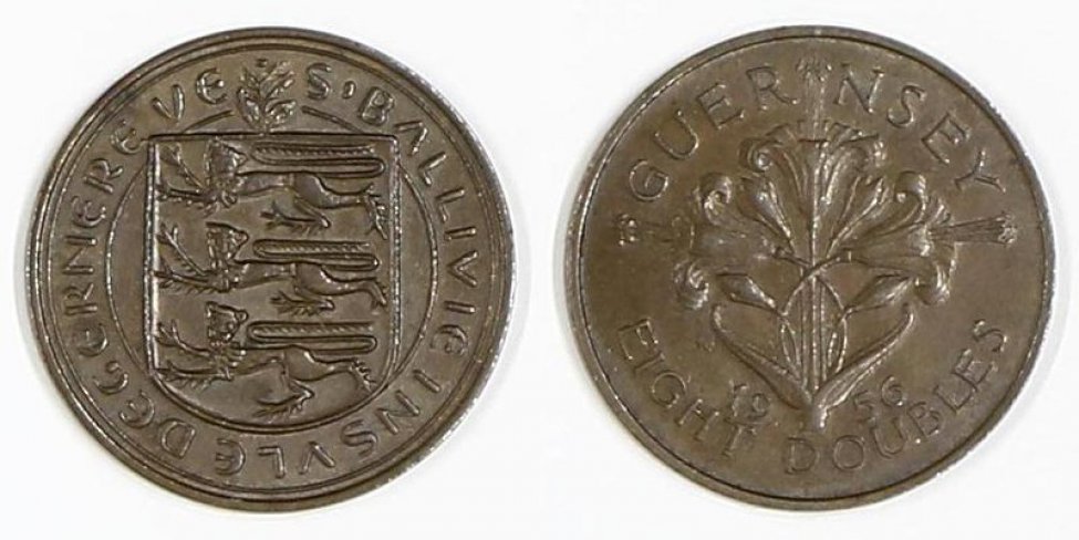 Аверс: В центре -- герб острова Гернси: четырёхугольный с круглым основанием геральдический щит (т. н. испанский), на поле щита 3 британских льва (лео- парда) вправо; наверху по центру щита росток с 5 лепестками. Вокруг щита линейная рамка (вверху углы щита пересекают рамку). Вверху вдоль края монеты надпись: S`BALLIVIE INSVLE DEGRNERE VE. Вокруг композиции аверса узкая линейная рамка. По краю монеты линейный буртик.
Реверс: В центре -- тройная лилия (т.н. лилия Гернси): на одном стебле 3 больших цветка (символ 3-х добродетелей -- Веры, Надежды, Милосердия), 4 цветка меньшего размера и 2 листка в нижней части стебля. Слева и справа от стебля лилии цифры даты (по 2 с каждой стороны, расположены под листья- ми): 19 56. Слева от лилии 2 буквы (инициалы) мелким шрифтом: P.V.. Вверху над лилией надпись полукругом: GUERNSEY. Внизу надпись (номинал) полукругом: EIGHT DOUBLES. По краю монеты линейный буртик.
Аверс: герб острова Гернси: четырёхугольный с круглым основанием щит с 3 британскими львами (леопардами) вправо; наверху росток с 5 лепестками. Вокруг щита линейная рамка. Вверху вдоль края монеты надпись. Вокруг композиции аверса узкая линейная рамка. По краю монеты линейный ободок-буртик.
Реверс: тройная лилия: на одном стебле 3 больших цветка, 4 цветка меньшего размера и 2 листка в нижней части стебля. Слева и справа от стебля лилии - цифры даты (по 2 с каждой стороны): 19 56. Слева от лилии мелким шрифтом: P.V.. Вверху над лилией надпись полукругом: GUERNSEY. Внизу надпись (номинал) полукругом. По краю монеты линейный ободок-буртик.