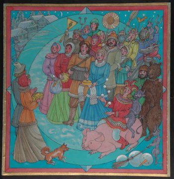 Изображение заключено в три рамки: коричневую, золотую, черную. В зимнем пейзаже, на фоне голубого круга изображена гуляющая толпа парней и девушек с караваем; на первом плане справа - скоморох и черт на свинье, за ними - медведь.