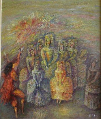 Изображена радужная многофигурная композиция: группа женщин в платьях с кринолинами, в париках. Слева - мужская фигура в движении, с поднятыми руками, в красном одеянии, с плащом.
