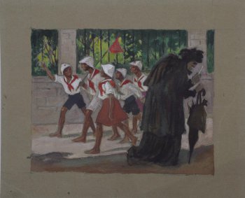 Изображена группа детей-пионеров, идущих справа налево. Навстречу им идет сгорбившаяся старушка одетая в черное платье и шляпу, с зонтиком в руках. Сзади детей каменная оградка, за которой виднеются зеленеющие деревья.