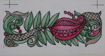 Изображен красный тюльпано образный лепесток на сером завивающемся стебле с решетчатой штриховкой, зелеными листьями.