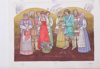 На коричневом фоне справа изображена группа людей, среди которых юноша с хлебом-солью, девушка с ларчиком; слева - группа людей с подносом, отрезом материала, рядом корзина цветов.