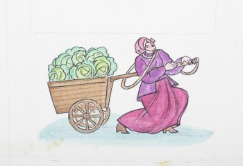 Изображена женщина, запряженная в повозку с капустой.