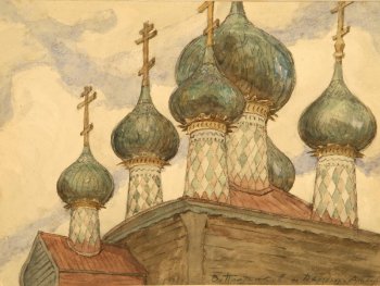 Изображена крыша деревянной церкви с пятью луковичными главами, внизу крытых разноцветным лемехом. К левой стороне церкви примыкает часть постройки с главкой на крыше. Небо облачное.