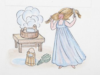 Справа изображена девушка в голубой сорочке, расчесывающая волосы. Слева - веник, ведро с водой.