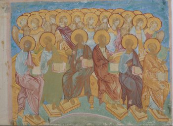 На зелено-голубом фоне  изображены шесть святителей, в разноцветных одеждах, сидящих в ряд, лицом к зрителю; у каждого святителя в руках книга. За святителями стоят ангелы.