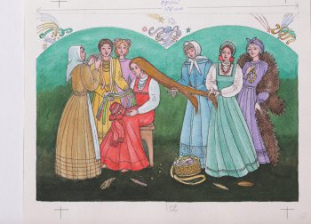 На зеленовато-оливковом фоне в центре композиции  изображена сидящая на табурете девушка в красном сарафане, рядом с ней девушки, расчесывающие и заплетающие ее волосы.