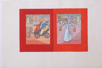 На одном листе две полосные иллюстрации на красном фоне. В левой части, в карете изображены кучер и обнимающий девушку гусар. В правой части - девушка в голубом платье с ведрами на коромысле. В верхней части композиции, в телеге изображены двое мужчин и женщина.