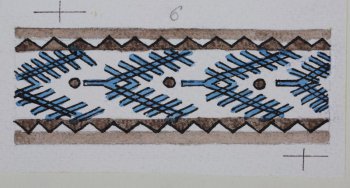 Изображен полосатый геометрический орнамент из чередующихся синей ветки и коричневой точки.