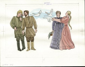 Справа изображены две девушки, одна из которых протягивает руки к четырем журавлям, летящим в небе. Слева - два молодых человека, в руках одного из них цветок.