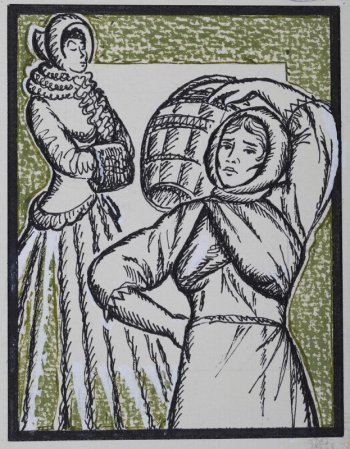 Справа победренное изображение в анфас девушки с корзиной на плече; слева изображена в рост дама в капоре.