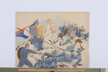 Шесть отдельных листов с изображениями и шесть листов с текстами к ним. 
1. Изображён Невский на коне пронзает копьём бегущих немцев.