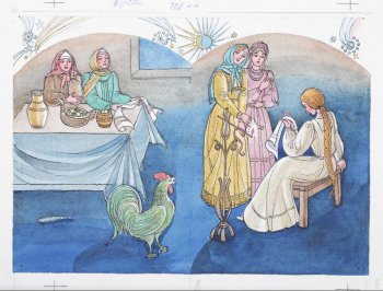 На синем фоне справа изображены возле светца две женщины и длиннокосая девушка с полотенцем, сидящая на табурете; слева - за накрытым столом сидят две женщины.