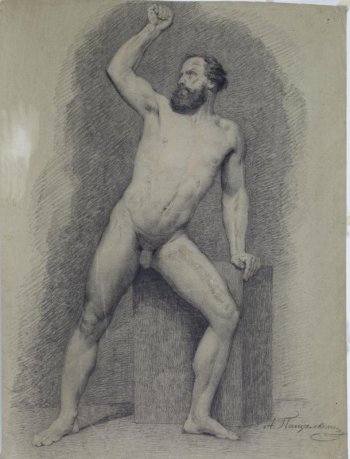 Изображен обнаженный мужчина с пышной шевелюрой, курчавой бородой и усами. Лицо в правый профиль. Ноги широко поставлены. Левая нога согнута в колене; левой рукой опирается на подставку.  Правая нога вытянута; правая рука сжатая  в кулак и согнутая в локте, поднята вверх.