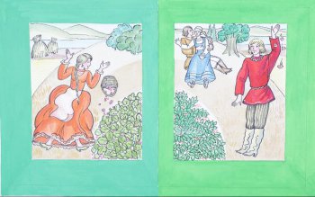На одном листе две полосные иллюстрации на зеленом фоне. В левой части на косогоре изображена падающая девушка в красном платье. В правой части изображен юноша в красной рубахе. В центре композиции - сидящий на косогоре юноша с девушкой на коленях.