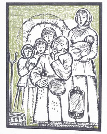 В центре композиции изображен сидящий за столом мужчина. За ним справа - стоящая женщина с грудным ребенком, слева - трое детей.