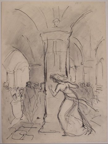На первом плане в центре композиции изображена стоящая у колонны женщина в  напряженной позе. На втором плане на фоне  арочных проемов - большая группа людей.