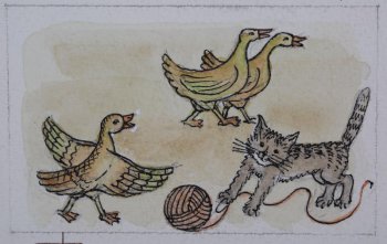 На светло-коричневом фоне изображены три утки, кошка с клубком.