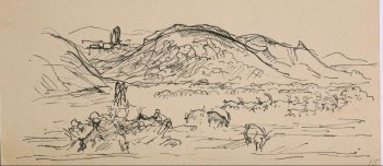 Изображен пейзаж горной долины с козьим стадом и двумя человеческими фигурами на первом плане слева. На обороте - набросок баранов, козлов и юношеской фигуры.