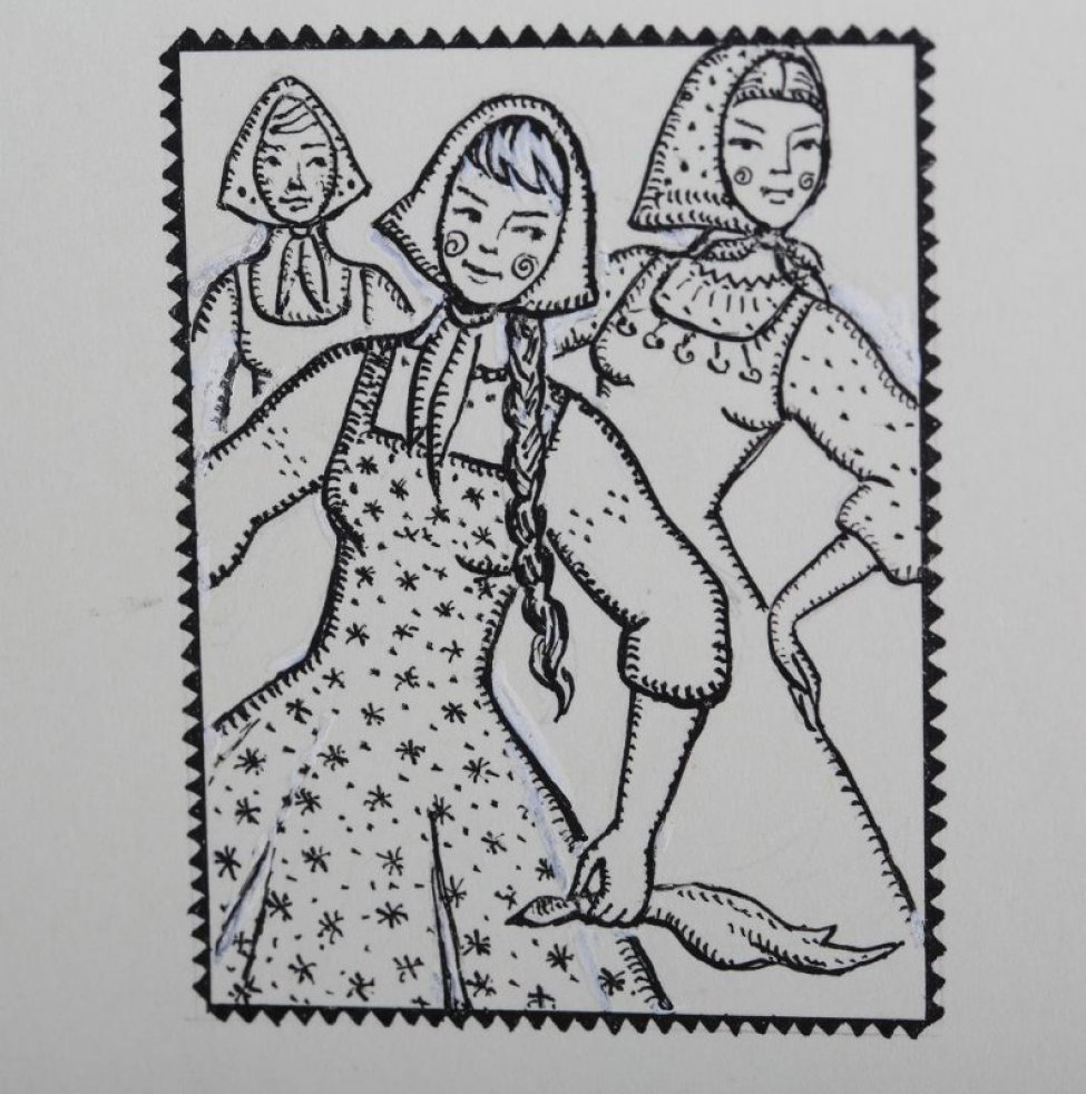 Изображены три пляшущие девушки в платках, кофтах и сарафанах; у одной из девушек коса по пояс.